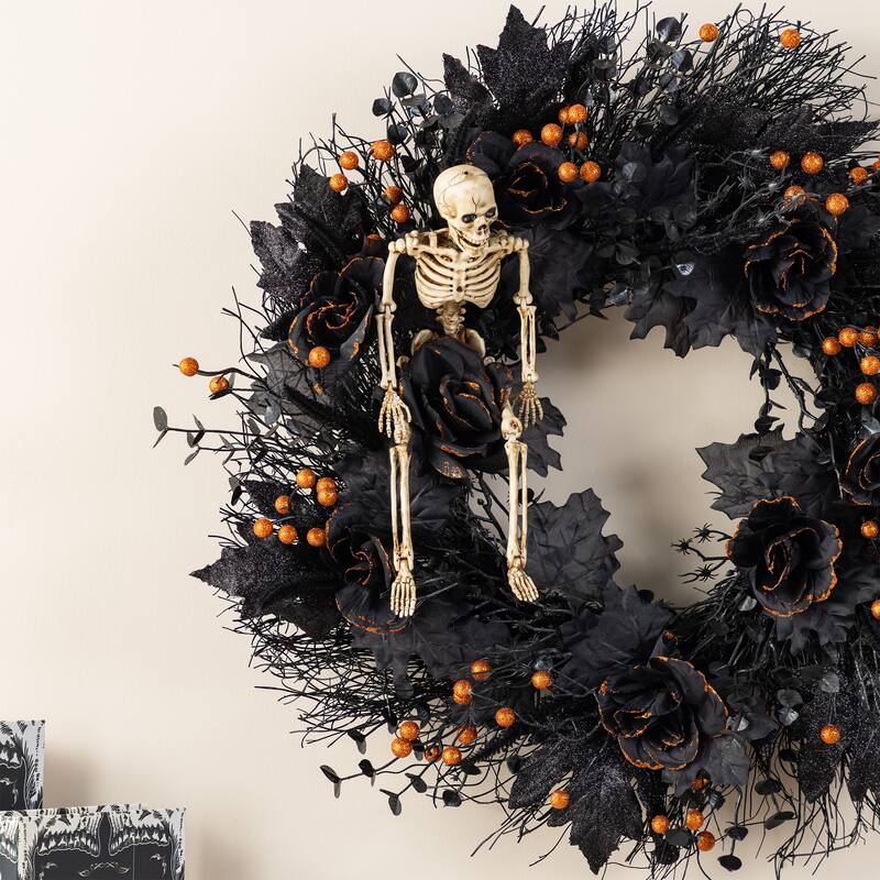 Glitzhome 22"H Halloween Black Rose Skeleton and Berry Urn Potted Table Tree