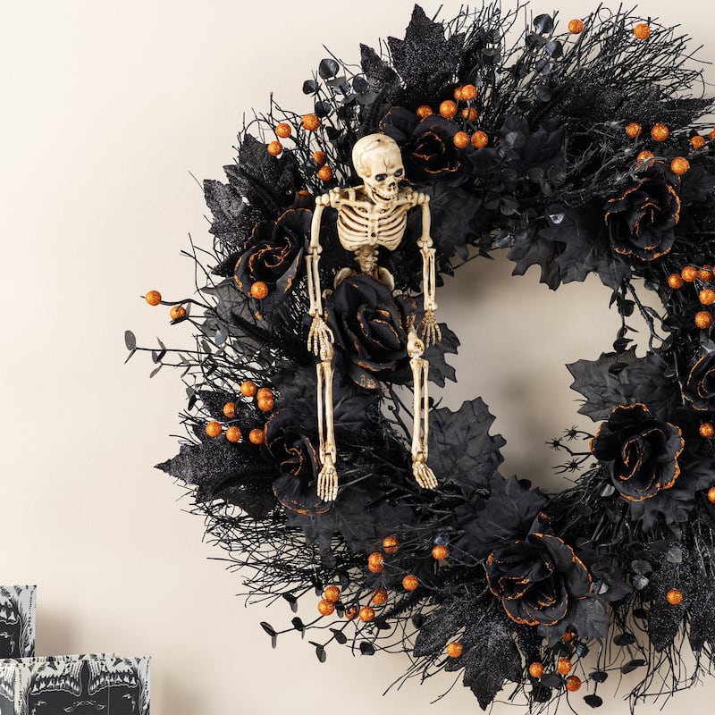 Glitzhome 36"H Halloween Lighted Black Rose Urn Porch Tree with Timer