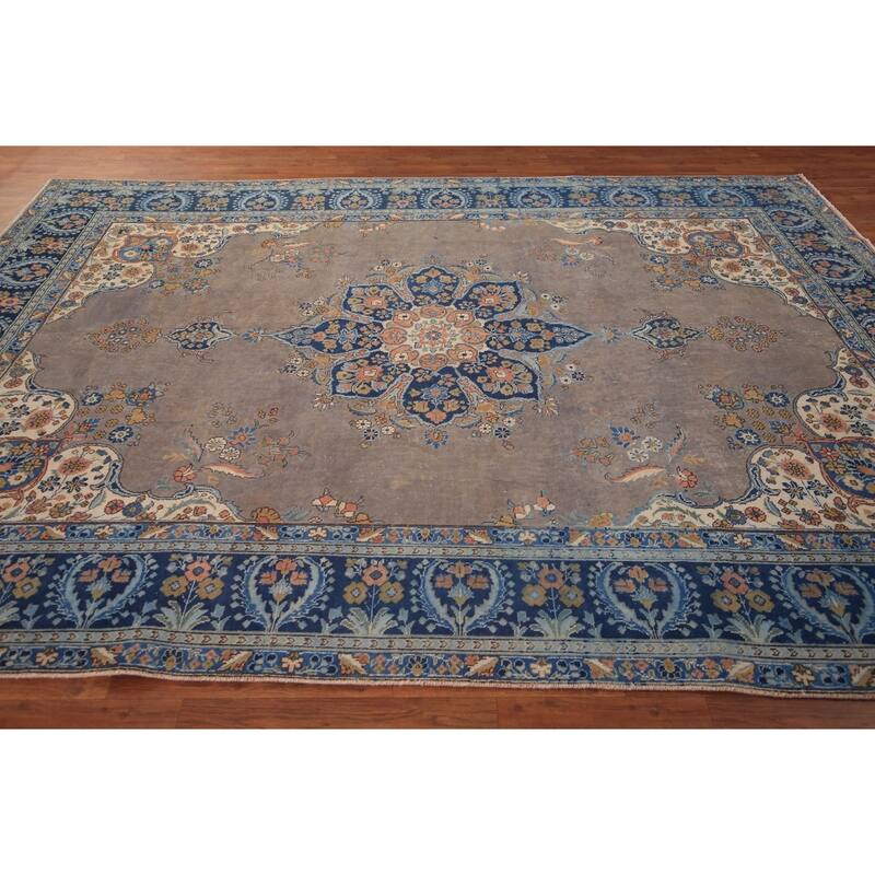 Grey Tabriz Persian Vintage Area Rug Hand-Knotted Bedroom Wool Carpet - 7'10" x 11'0"