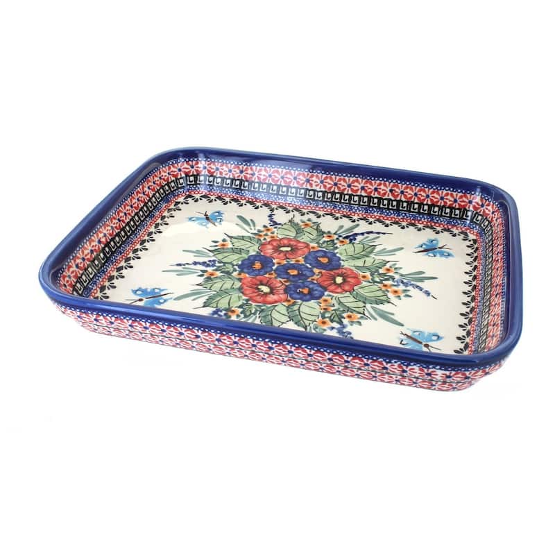 Blue Rose Polish Pottery 371 Zaklady Large Rectangular Baker - Floral Butterfly