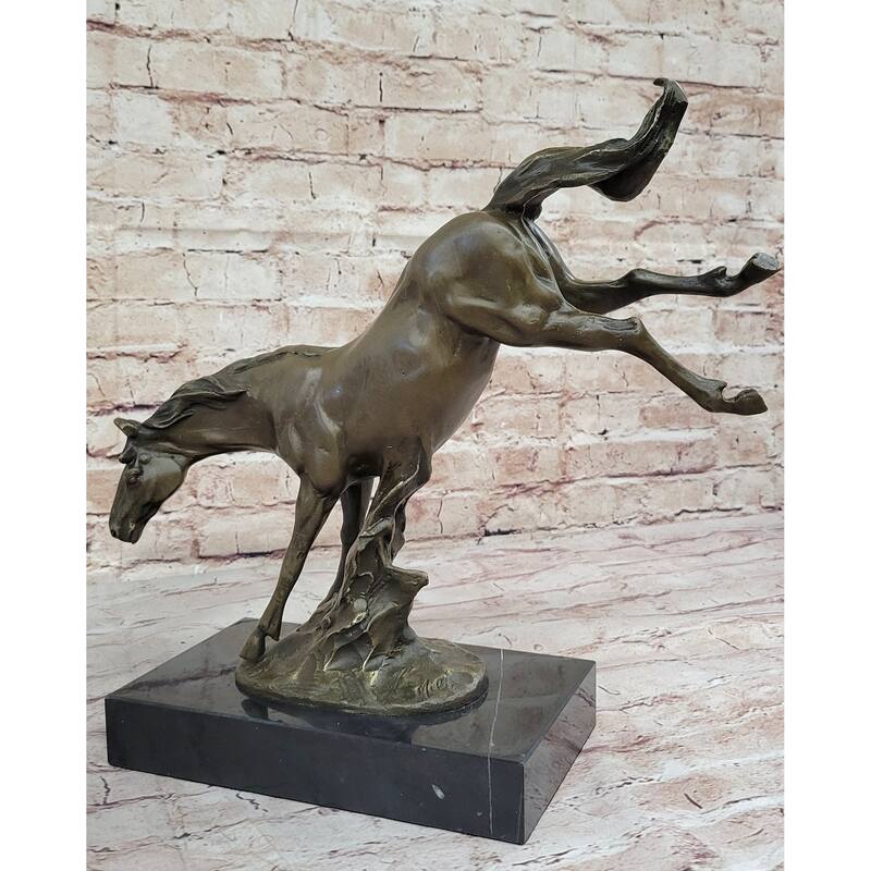 Jumping Wild Imitative Horse Mustang Stallion Bronze Sculpture Statue On Marble Base