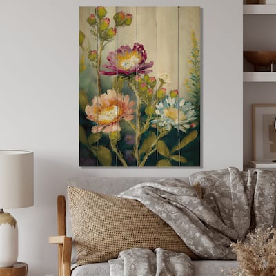 Designart 'Painted Blossoming Wildflowers IV' Floral Bouquet Wood Wall Art - Natural Pine Wood