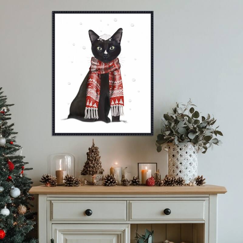 Black Cat Red Scarf by Fab Funky (23 x 28 in.), Framed Canvas Wall Art Print - Sylvie Beaded Black