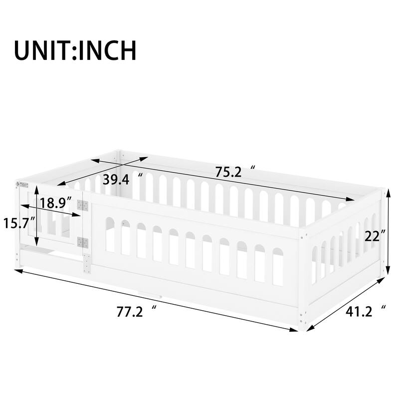 Solid Wood Montessori Floor Bed with Fence and Door, No Slats Included