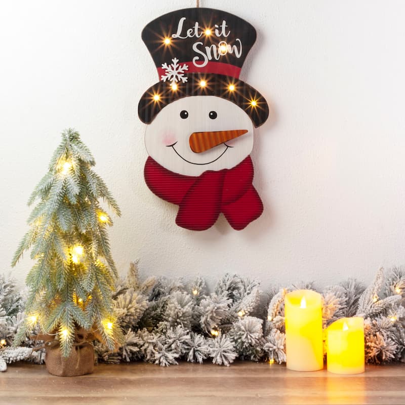 Glitzhome 19"H Lighted 3D Wooden Metal Snowman Christmas Wall Hanging Decor