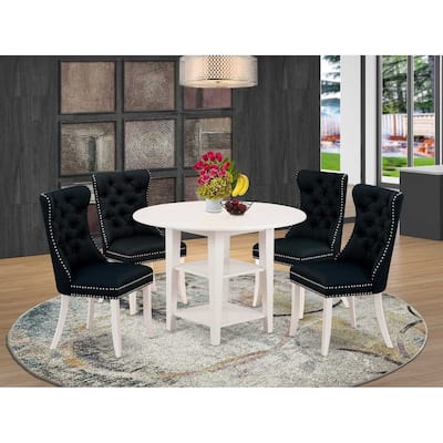 5-Piece Linen White Finish Solid Wood Top - Round Upholstered Dining Room Set - Seats 4