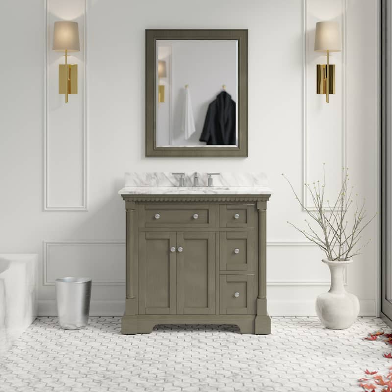 KitchenBathCollection Sydney 36" Bathroom Vanity with Carrara Marble Top - Weathered Gray