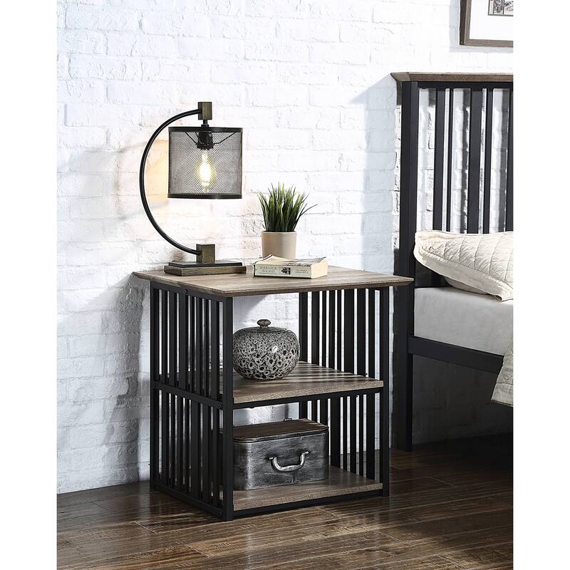 Antique Oak & Black Finish Nightstand with Industrial Style and Spacious Open Compartments - Black and Oak - No Drawers