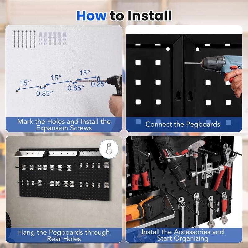 Gymax 3 Pcs Pegboard Wall Organizer w/ 25 Hooks Drill Bit Holder