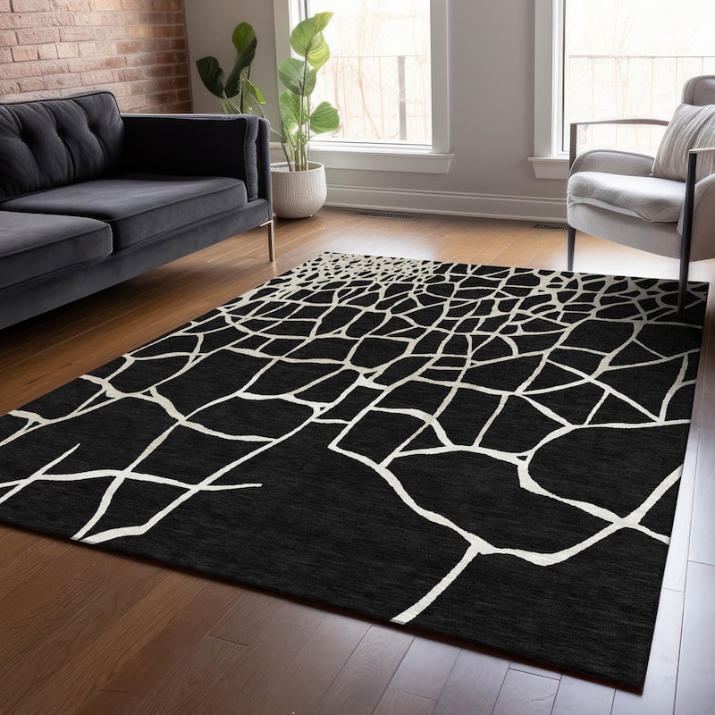 Machine Washable Indoor/ Outdoor Abstract Webby Chantille Rug - Black - 3' x 5'