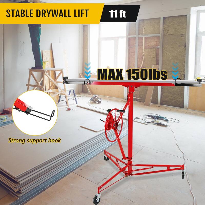 Drywall Lift 11FT, 150lb Capacity Heavy Duty Sheetrock Hoist w/Telescopic Arm & Locking Wheels, Steel Panel Lifter