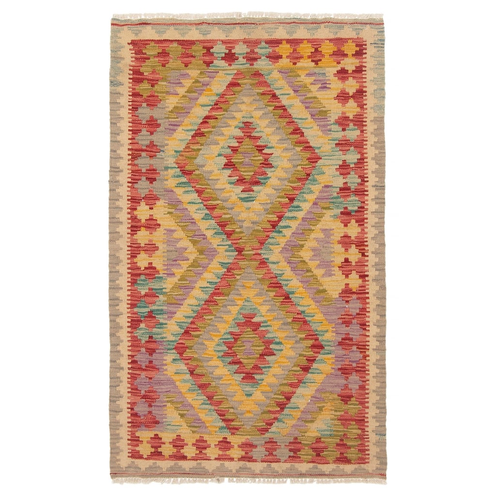 ECARPETGALLERY Flat-Weave Bold and Colorful Olive Wool Kilim - 2'9 x 4'5
