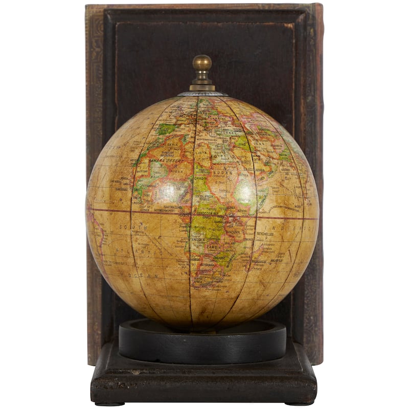 Wood World Map Globe Bookends - Set of 2 Brown - Roche River Decor - 5"W x 6"L x 8"H