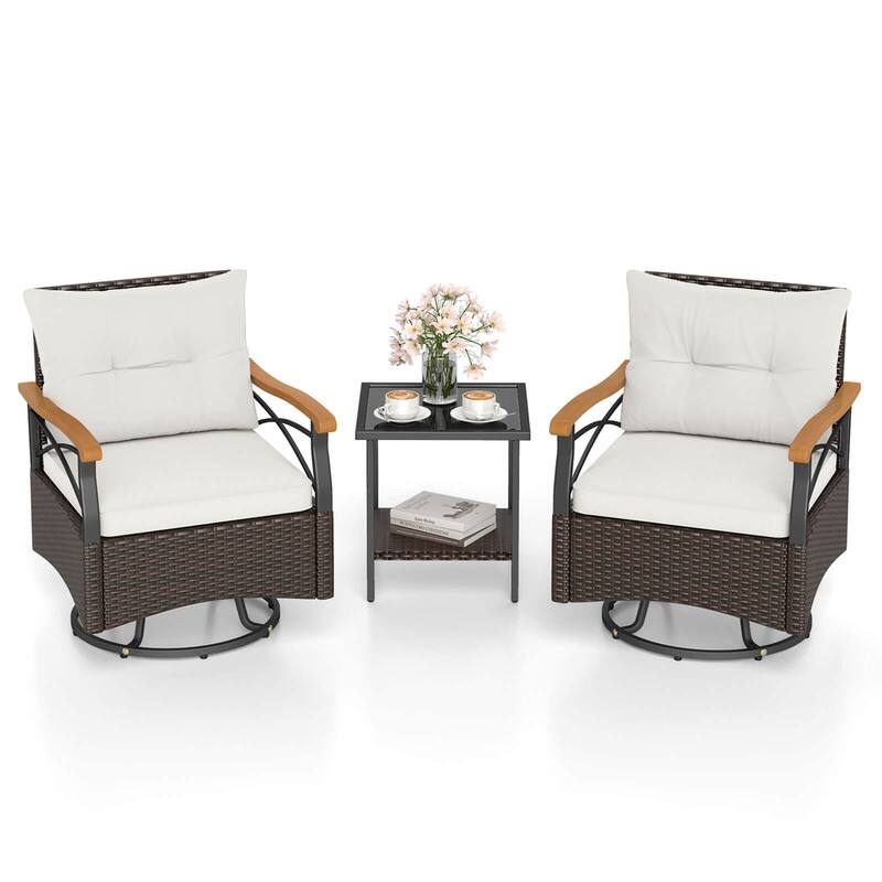 Costway 3 PCS Outdoor Swivel Chair Set with 2-Tier Tempered Glass Side - See Details