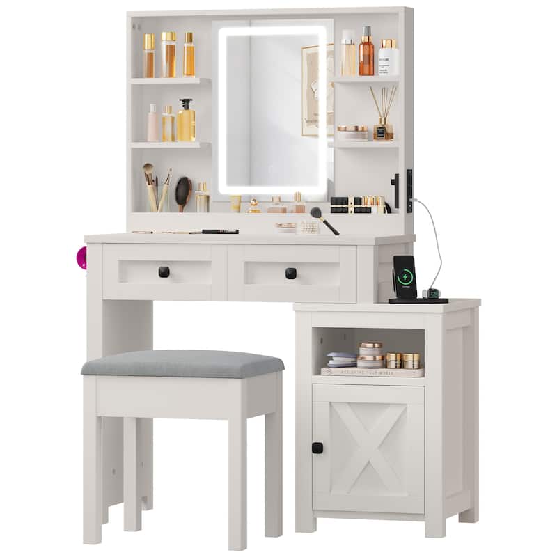 Moasis Farmhouse Vanity Desk with Mirror and Lights, Makeup Vanity Table - 15.7"D x 40"W x 54"H