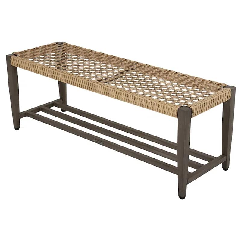 Outdoor Wicker Bench with Rack In Full Iron Frame With Woodgrain