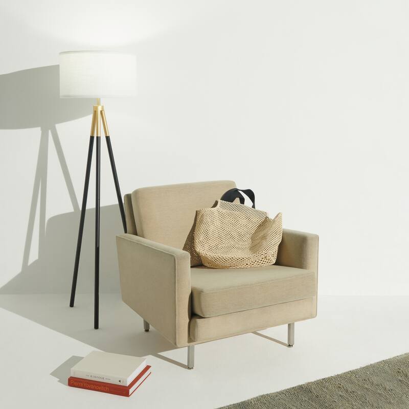 Brightech Levi 61 in. Antique Brass Mid-Century Modern LED Super Bright Floor Lamp with White Fabric Drum Shade