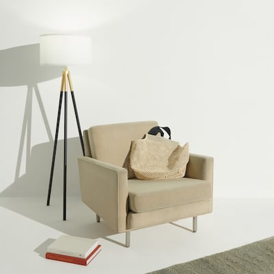 Brightech Levi 61 in. Antique Brass Mid-Century Modern LED Super Bright Floor Lamp with White Fabric Drum Shade