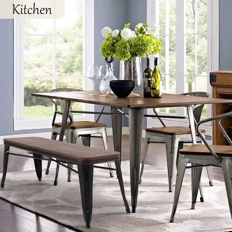 EROMMY 42in Metal Bench Industrial Mid-Century 3 Person Chair with Wood Seat, Dining Bench with Floor Protector - 42"