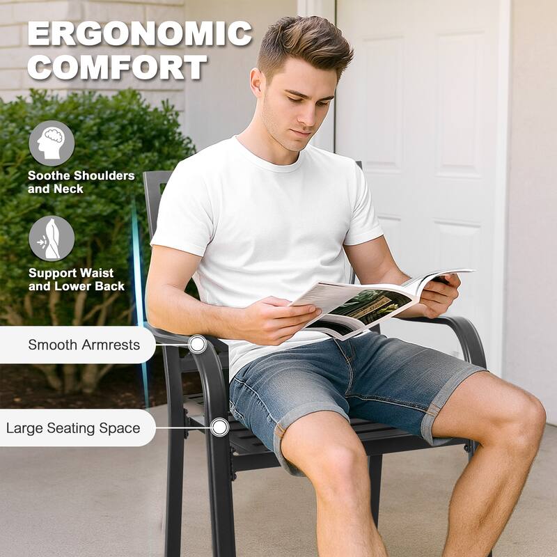 Metal Outdoor Dining Set with Umbrella Hole and Stackable Chairs