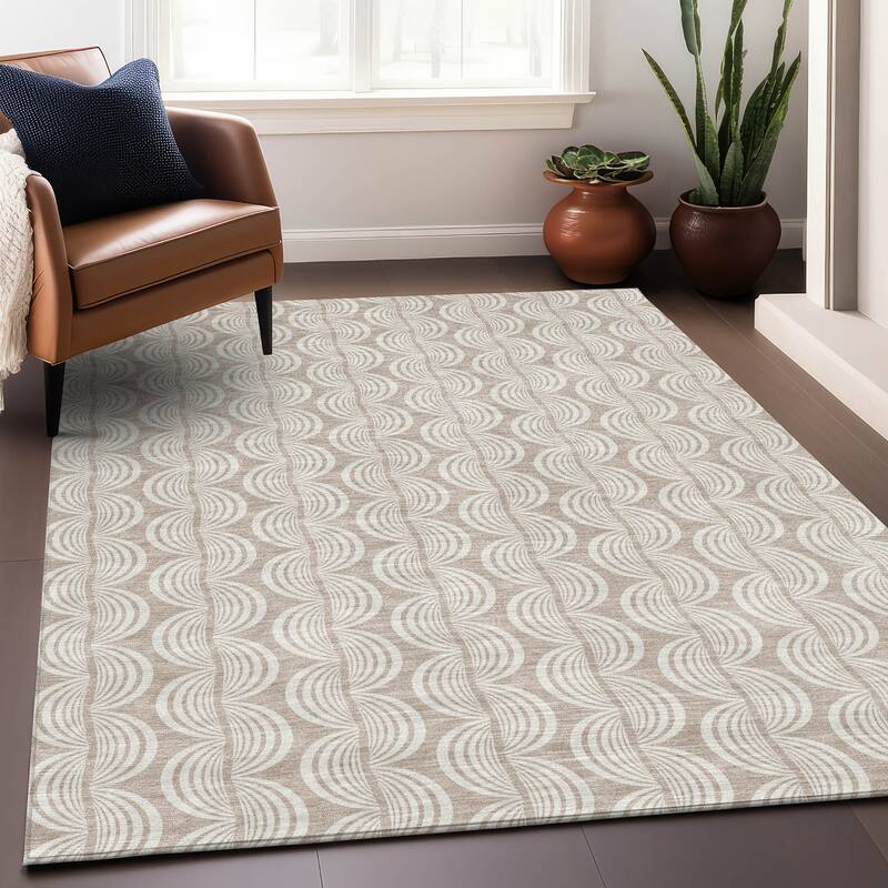 Machine Washable Indoor/ Outdoor Wavy Modern Chantille Rug - Khaki - 9' x 12'