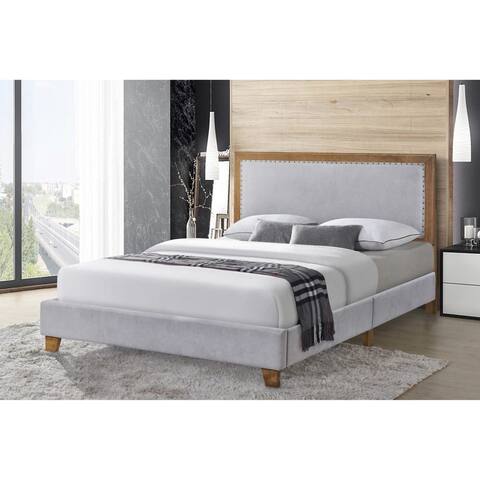 Toni Queen Fabric Upholstered Platform Bed Frame, Nail Head Boarder, Walnut Finish, Solid Rubberwood, Wooden Slat Support System