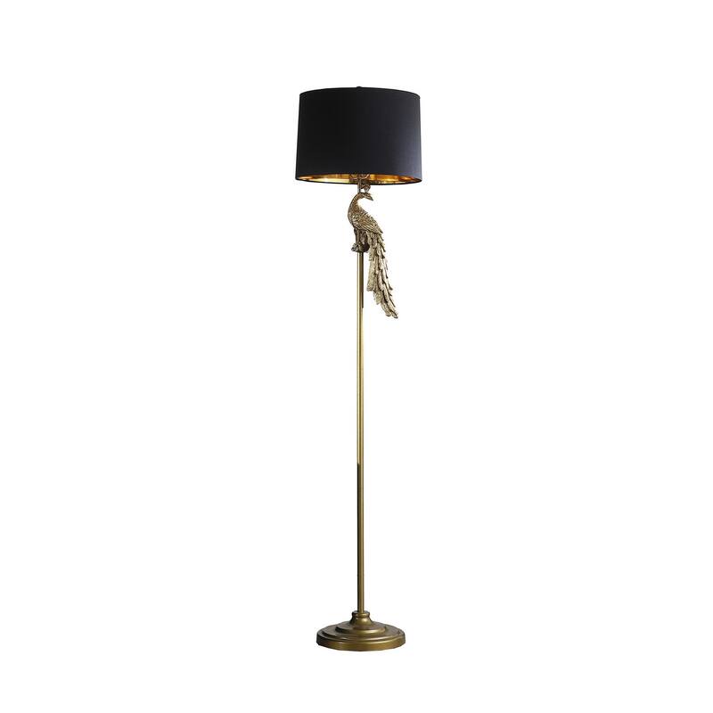 65 Inch Floor Lamp, Peacock, Linen Drum Shade, Pedestal Branch, Gold Finish