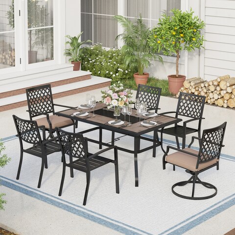 7PCS Patio Dining Set, Large Rectangular Wood Like Top Table with 4 Metal Chairs and 2 Swivel Chairs