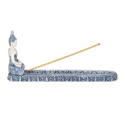 Q-Max 10.25"W Gautama Buddha Dhyana Mudra Incense Burner Incense Sticks Holder in Blue and White Finish