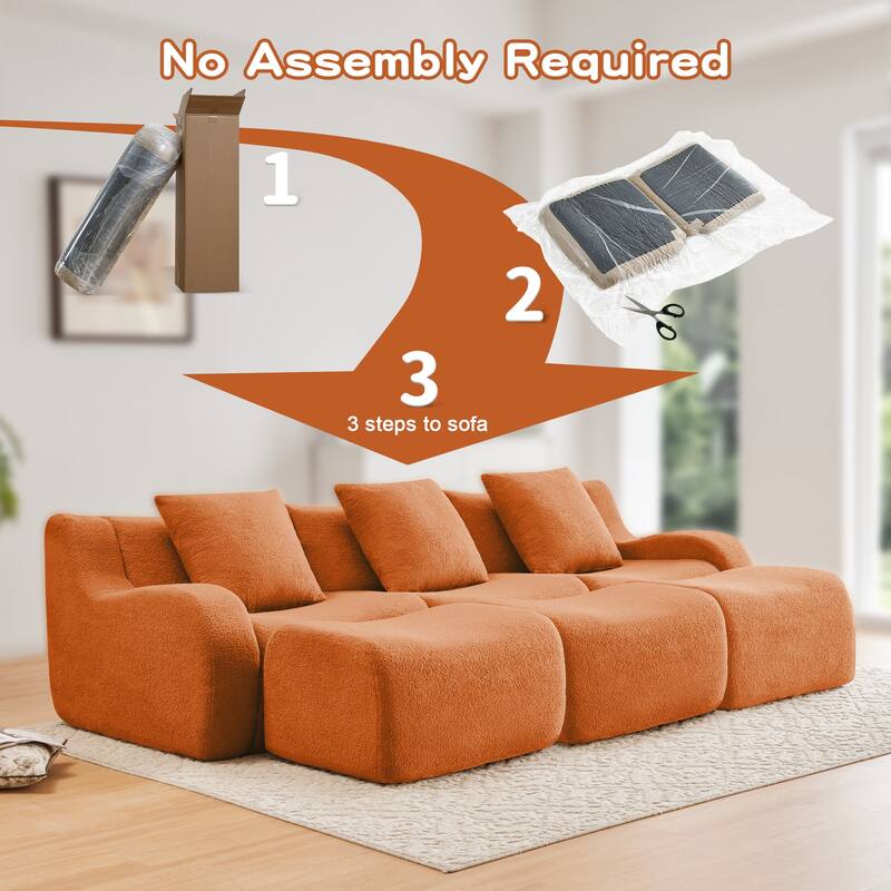 Anmytek Modern Plush 3-Seat Chaise Sofa - High-Quality Teddy Fabric, 32D High Density Sponge, No Assembly