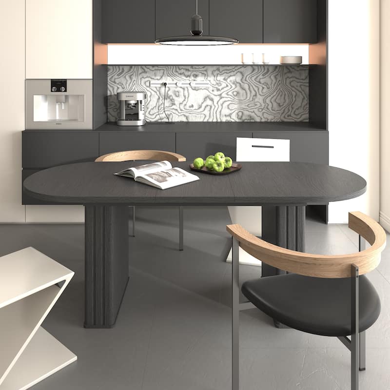 Kitchen extendable dining table for 4-8 people, oval kitchen table with wooden strip base for family living room (black)