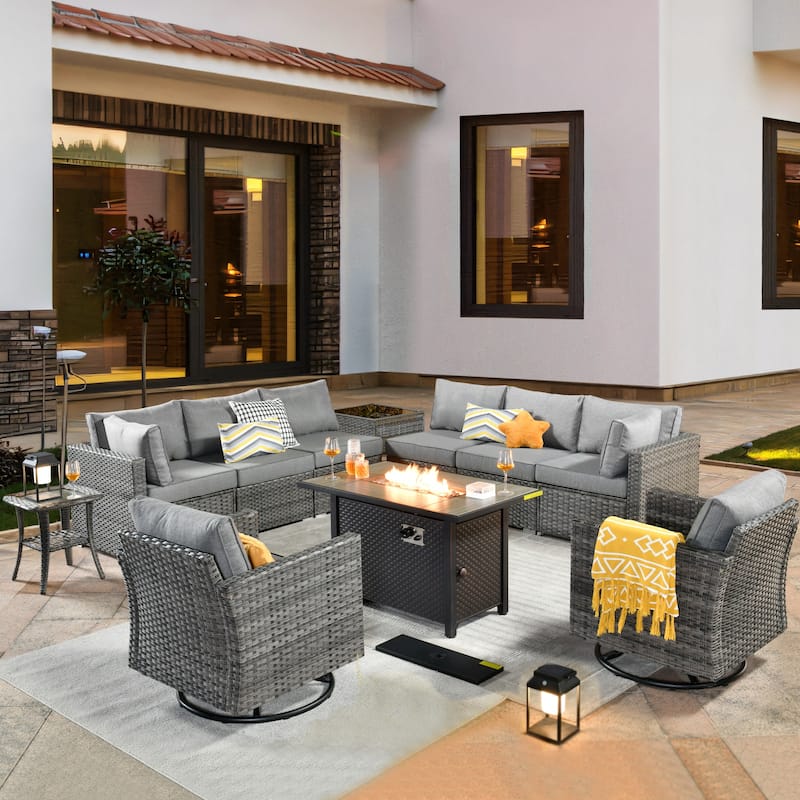 HOOOWOOO 11-piece Rattan Wicker Outdoor Furniture Set Swivel Chairs with Fire Pit - Dark Grey