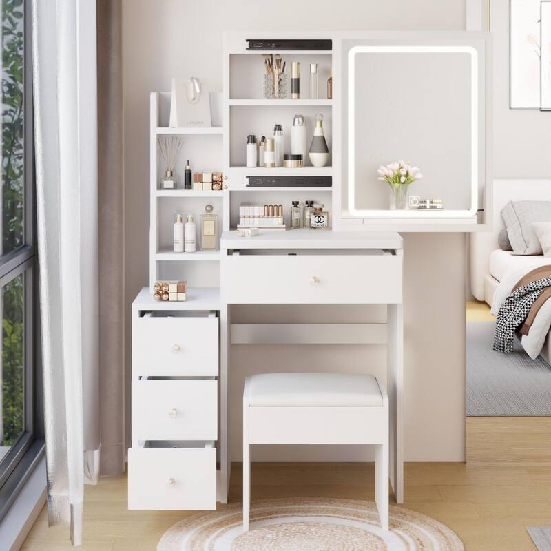 Left Cabinet Vanity Table,Cushioned Stool,Touch Control Sliding LED Mirror,3-color,Bright Adjustable,Girls less Than 5.6ft Tall