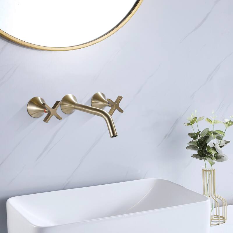 Brushed Gold Round 3-Hole Wall-Mount Bathroom Faucet