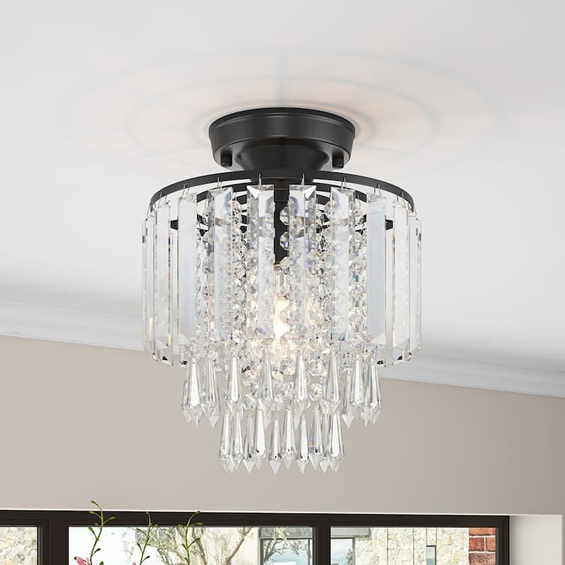 Modern Rain Drop Crystal 1-Light Semi Flush Mount Ceiling Light for Bedroom - Black