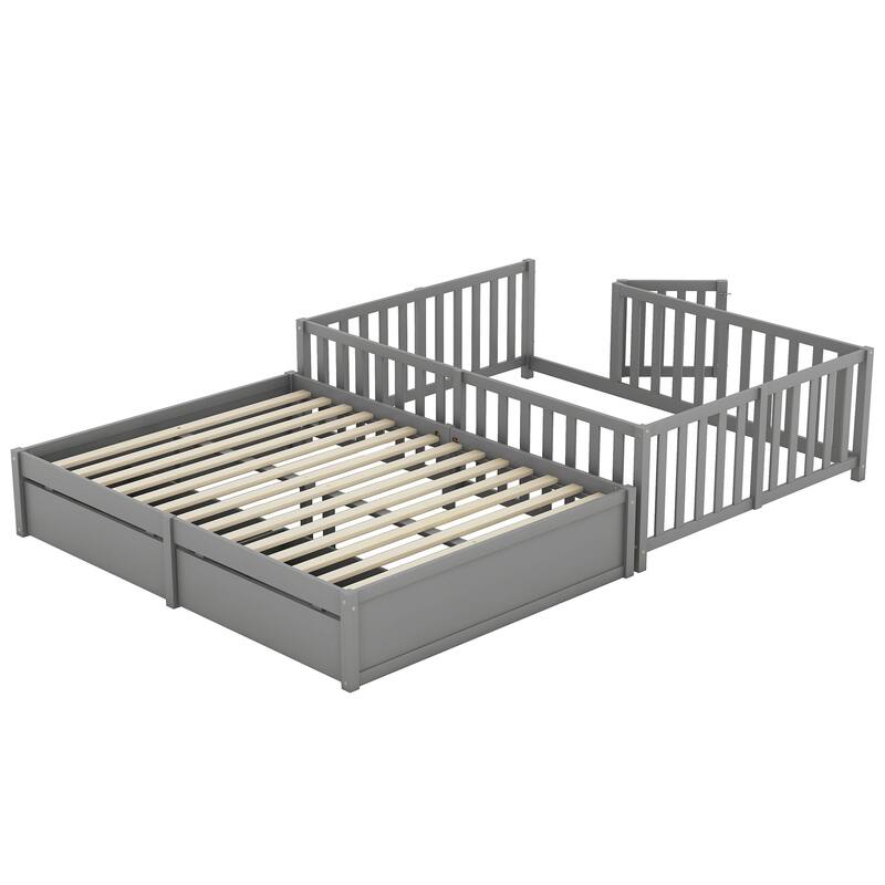 Wood Daybed with Fence Guardrails and 2 Drawers, Split into Independent Floor Bed & Daybed