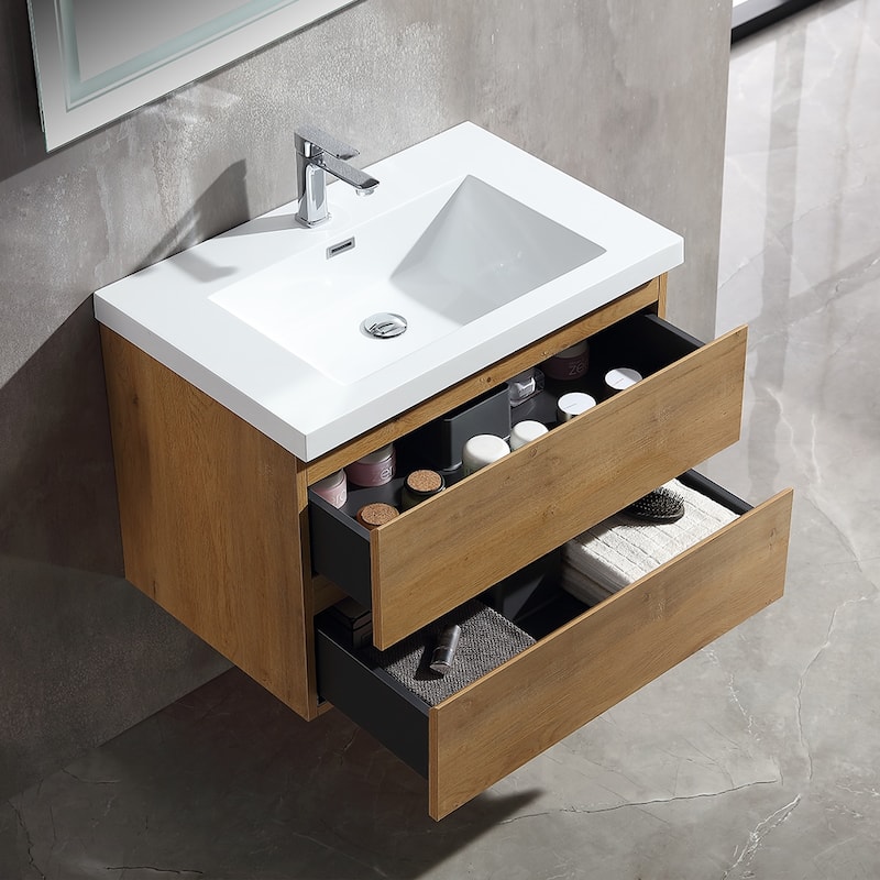 Floating Bathroom Vanity 24"-48" – Smoked Oak Finish, White Integrated Sink
