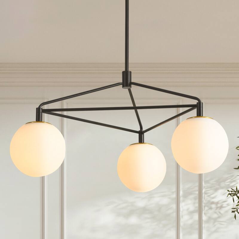 3-Light 30.7" W Modern Black Geometric Framework Design Metal Opal Bubble Glass Globe Chandelier for Bedroom, Living Room - Black/White - 30.7 in. W x 15.55 in. H x 30.7 in. D