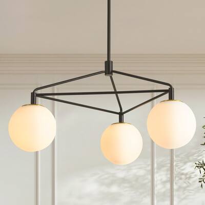 3-Light 30.7" W Modern Black Geometric Framework Design Metal Opal Bubble Glass Globe Chandelier for Bedroom, Living Room