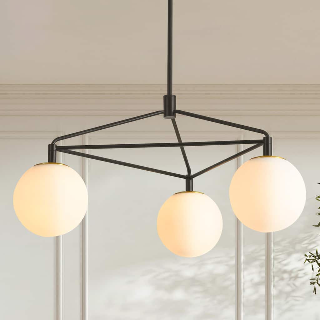 3-Light 30.7" W Modern Black Geometric Framework Design Metal Opal Bubble Glass Globe Chandelier for Bedroom, Living Room