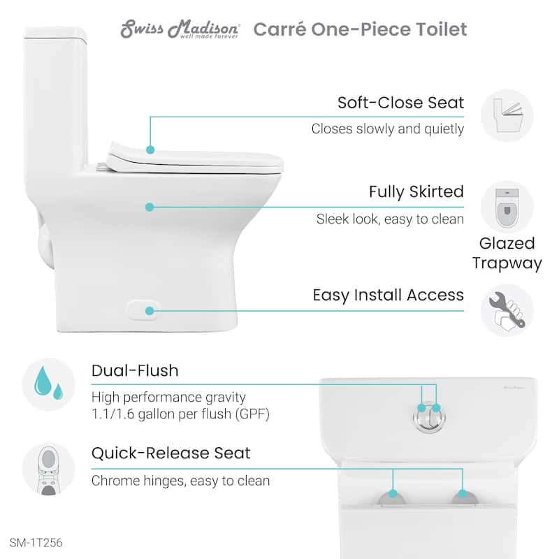 Carré One-Piece Square Toilet Left Side Flush Handle Toilet 1.28 gpf