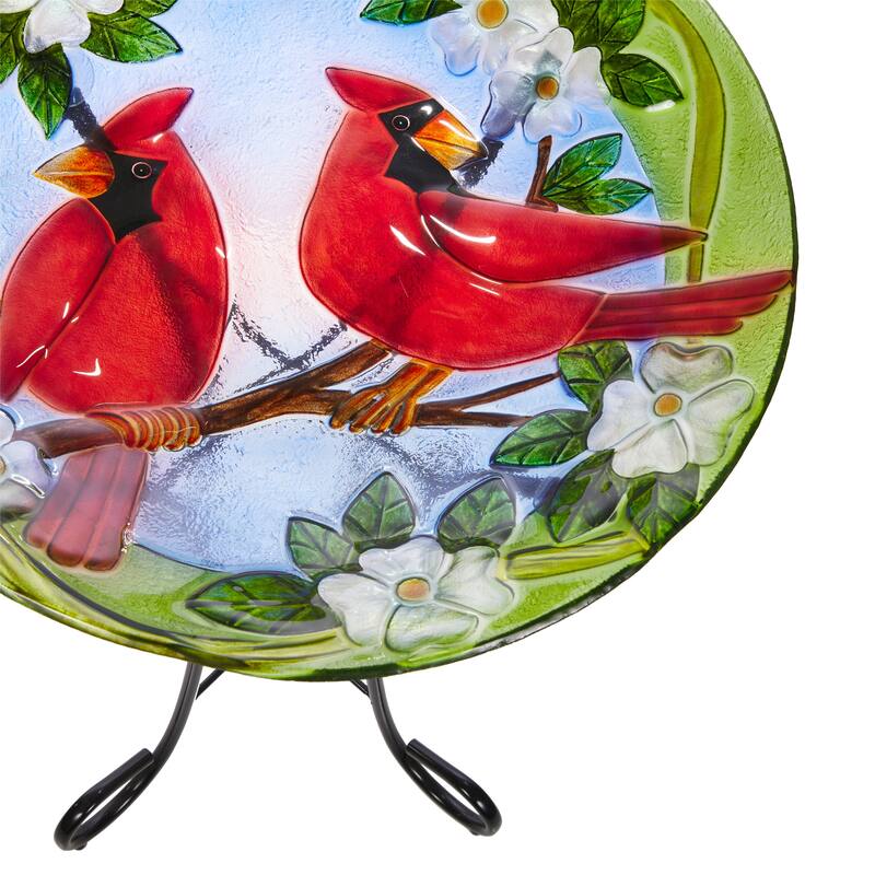 Alpine Corporation 18" Round Outdoor Birdbath Bowl Topper with Painted Red Cardinal and Floral Design