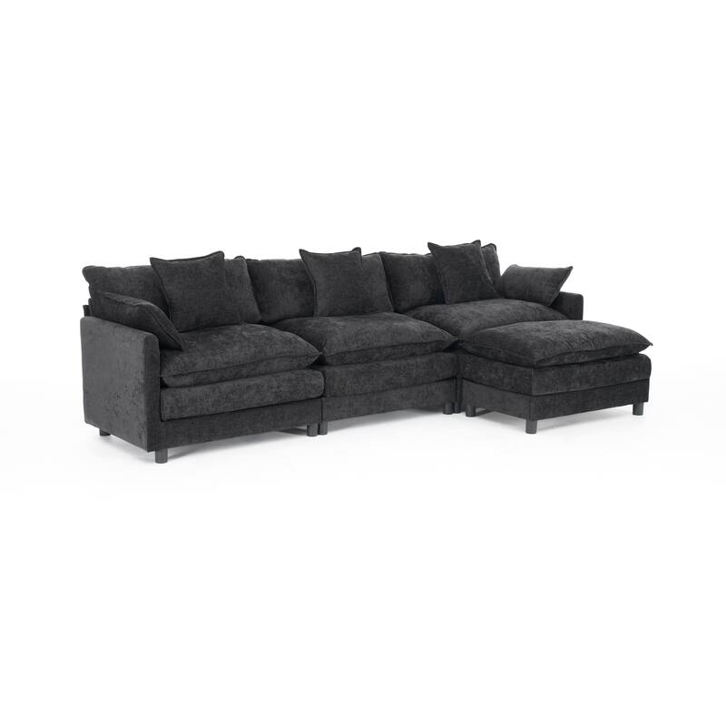 L Shaped Modular Sectional Sofa with Movable Ottoman, Chenille Upholstered Cloud Couch, Deep Seat Sofa with Pillow