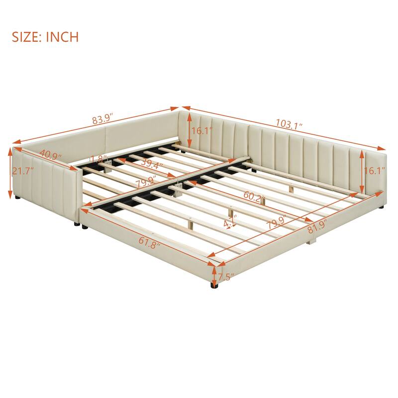 Queen & Twin XL Upholstered Platform Bed, PU Leather, Beige, Mother & Child Design