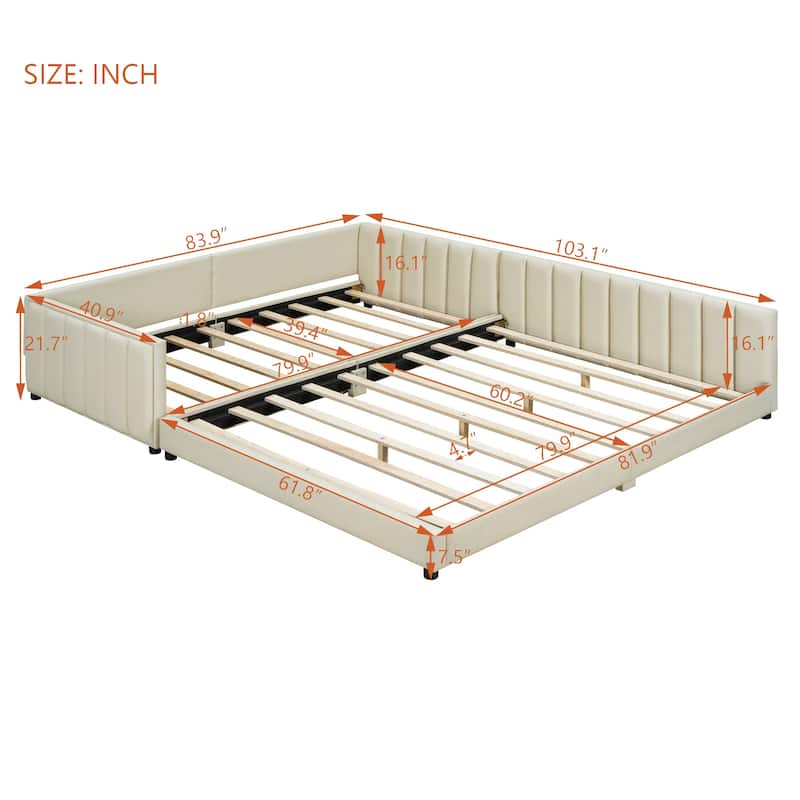 Queen + Twin XL Size Leather Mother and Child Bed Set - Convertible Platform Beds with Safety Rails