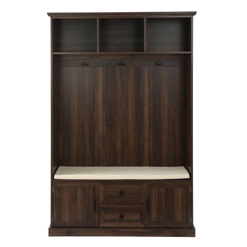 47''Hall Tree with Storage Bench,3 in 1Wood Coat Rack with 2-Door Cabinet and 3 Shelves 3 Hooks,Open Storage Shelves Shoe Bench