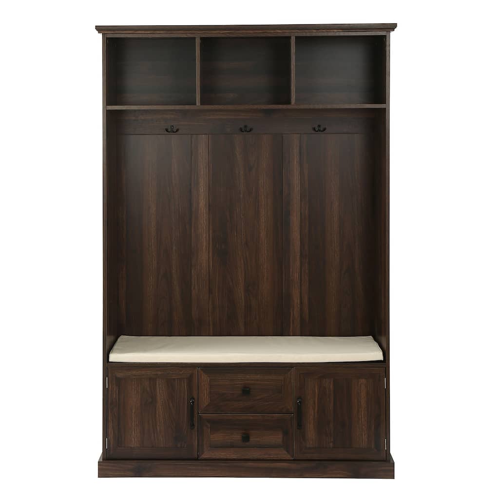 47''Hall Tree with Storage Bench,3 in 1Wood Coat Rack with 2-Door Cabinet and 3 Shelves 3 Hooks,Open Storage Shelves Shoe Bench