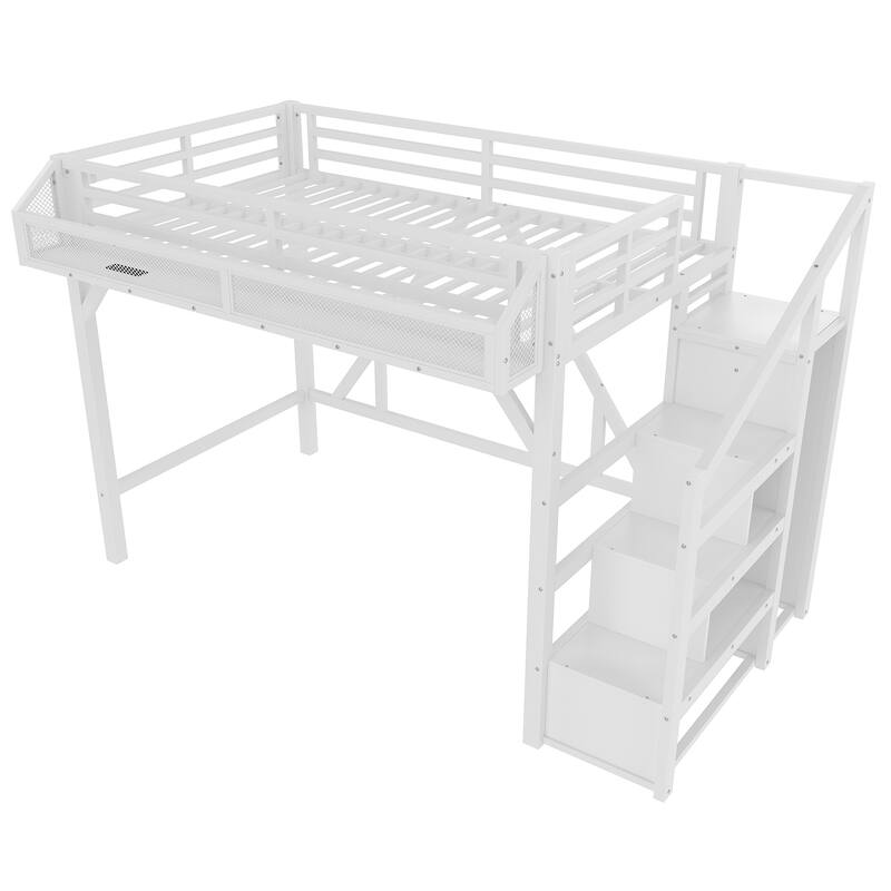 Twin XL/Twin Metal Loft Bed with Storage Stairs, Wardrobe, USB Ports & LED Lights