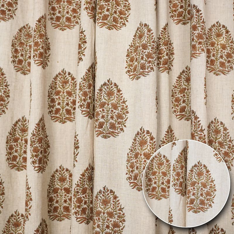 Fabdivine Handmade Floral Block Print Window or Door Room Décor Viscose Linen Curtain - 54"X96" - Kumud- Brown