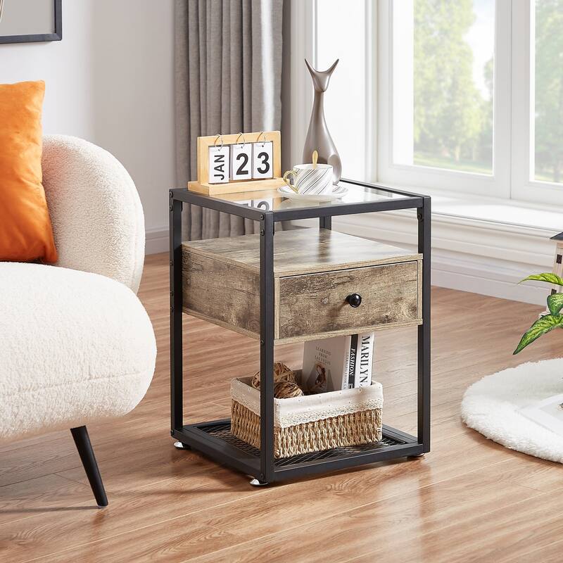 Javlergo Modern 1-Drawer Nightstand with Glass Top and Storage Shelf